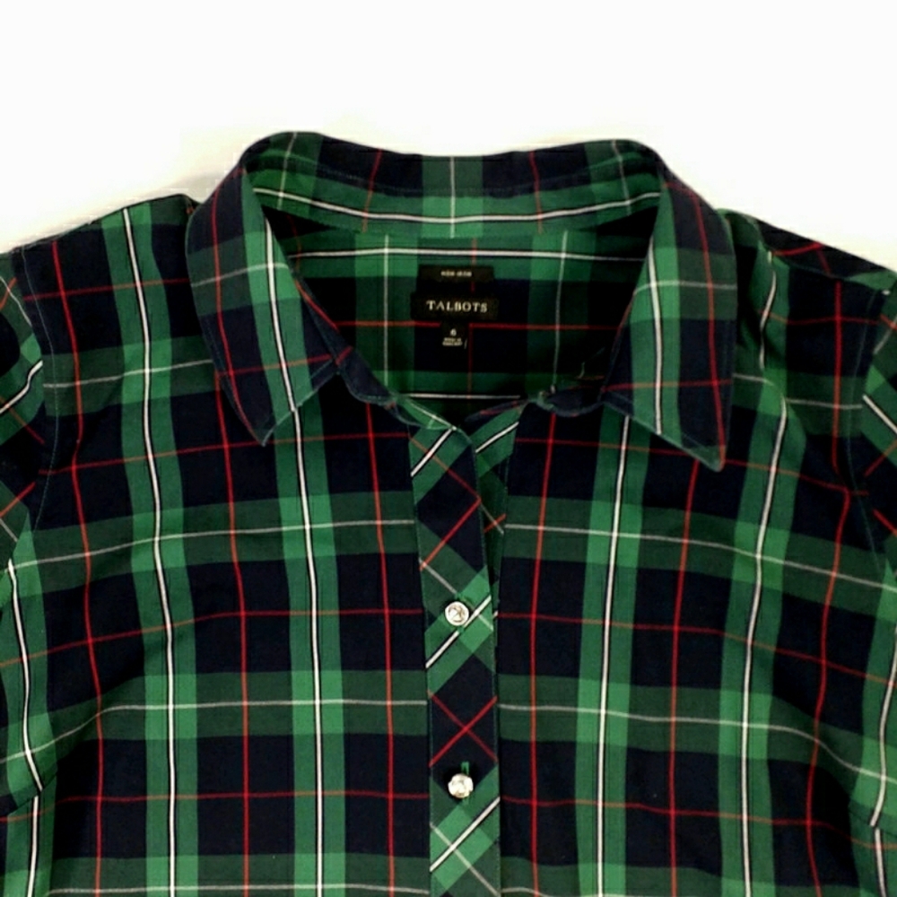 Talbots Blue Green Tartan Plaid Long Sleeve Popover Tunic Blouse Womens 6 - Picture 4 of 13